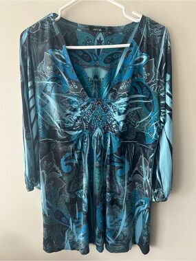 Apt. 9 Teal and Blue Paisley V-Neck Tunic